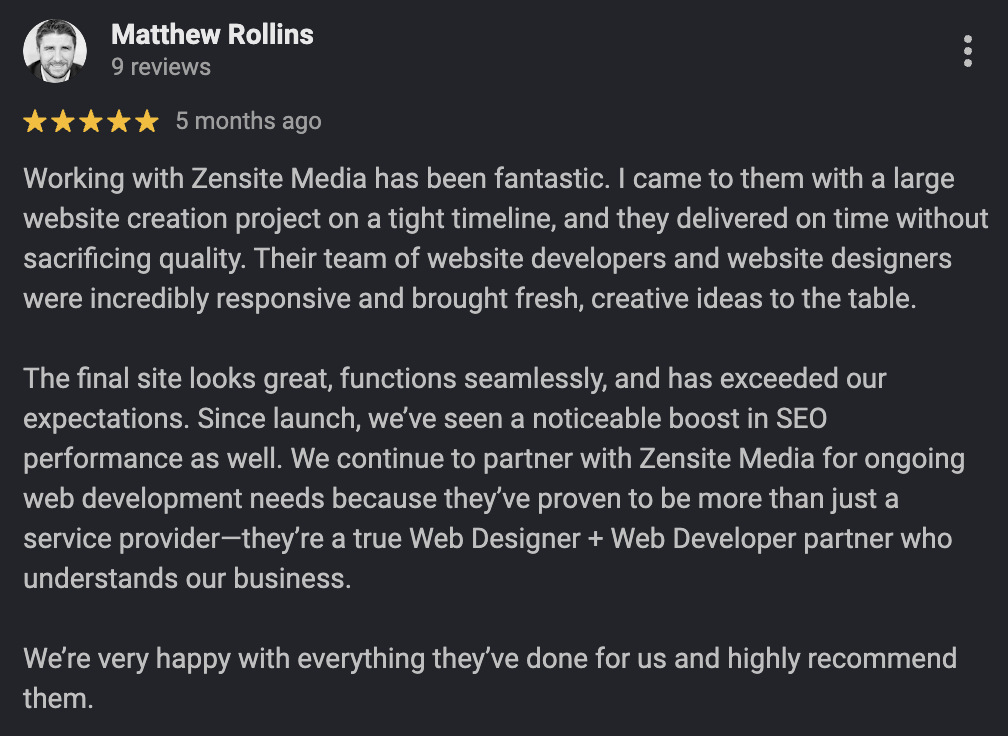 Google Maps five-star review from a Zensite Media client (14 of 14)