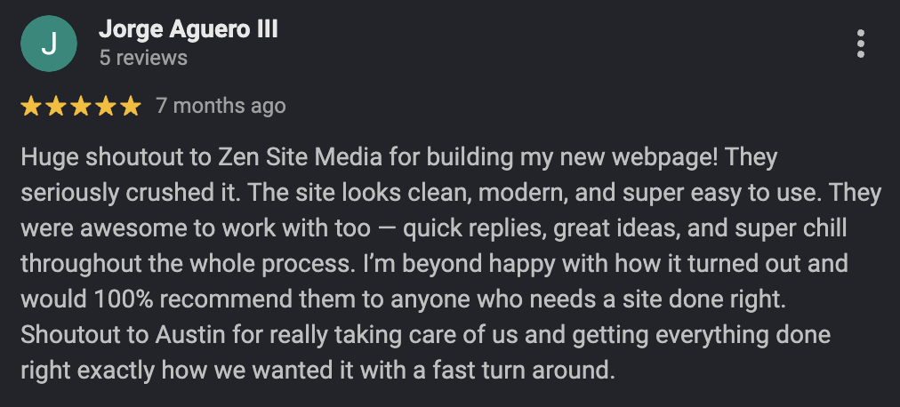 Google Maps five-star review from a Zensite Media client (6 of 14)