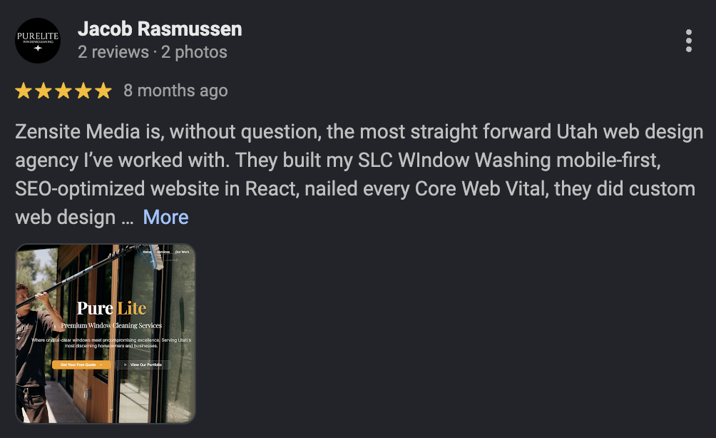 Google Maps five-star review from a Zensite Media client (8 of 14)